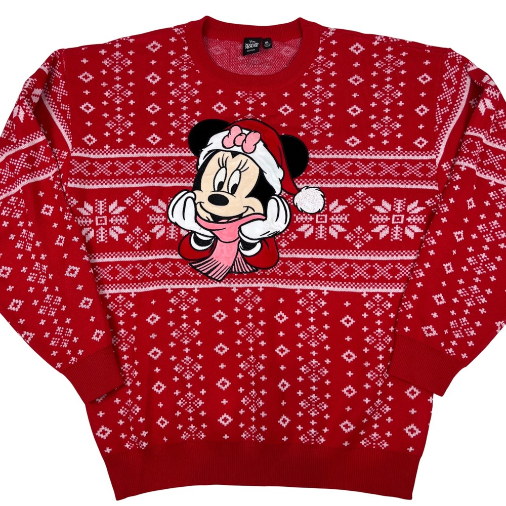 Disney Minnie Mouse Red Fair Isle Christmas Holiday Sweater XL Womens